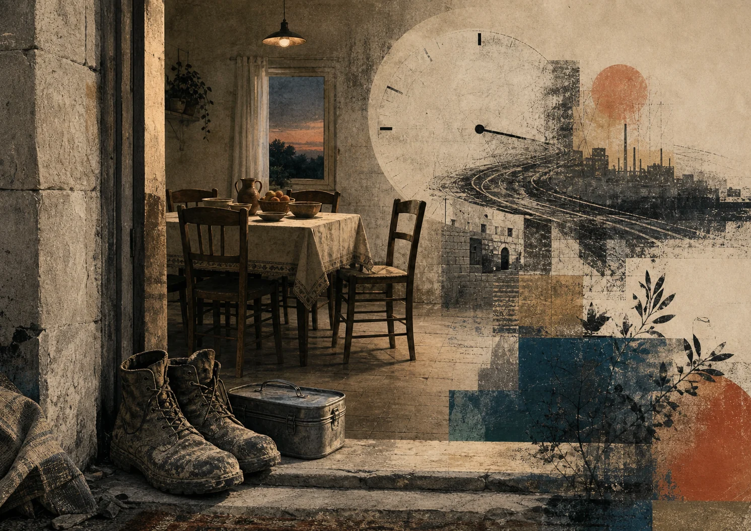 Work boots and a lunch tin at a threshold, with a family table behind them and a clock merging into a road and industrial landscape